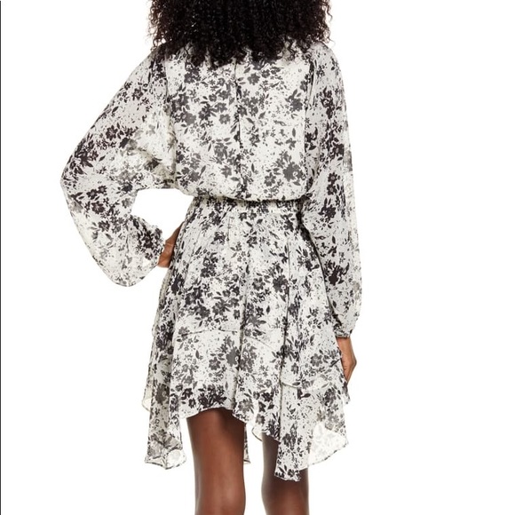 Floral Handkerchief Hem Long Sleeve Satin Dress - Picture 2 of 5